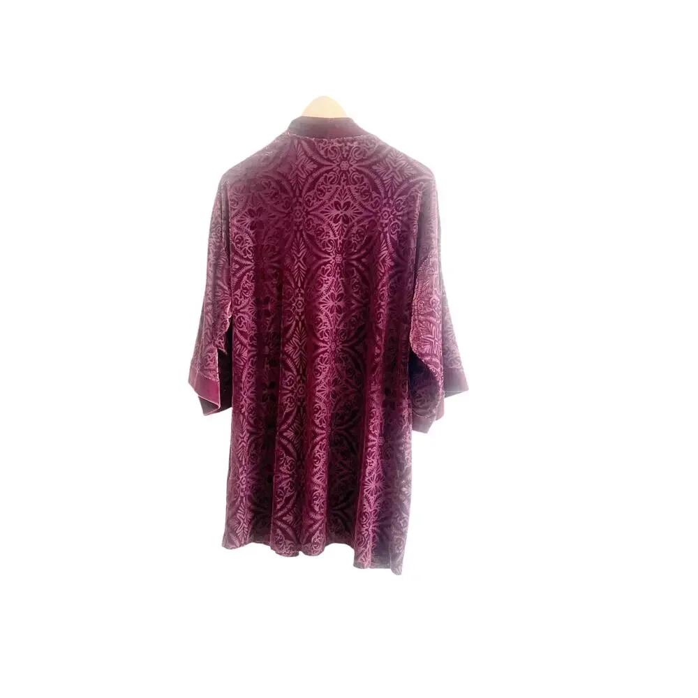 Soma Burnout Pajama Set Women's S/M Merlot Velvet Open Front Luxury Loungewear